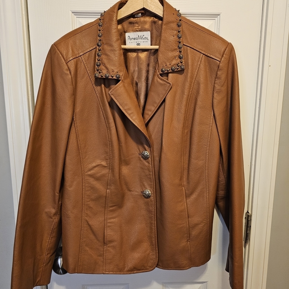 Pamela McCoy Women's Brown Leather Blazer with Studded Embellished Collar